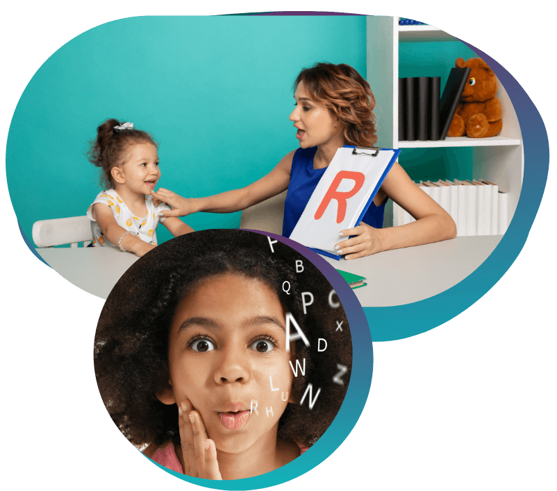 Speech therapist teaching child to pronounce R